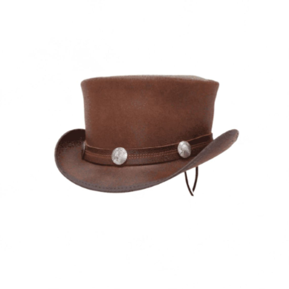Front view of brown leather steampunk top hat with decorative silver concho hatband accents.