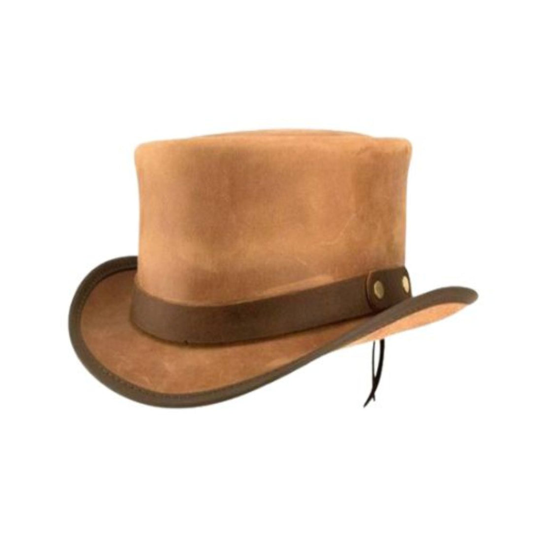 Front view of tan leather steampunk top hat with dark brown leather hatband and curved brim.