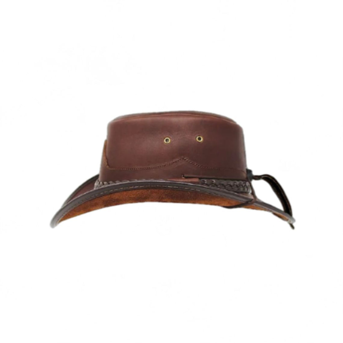 Mens brown leather outback cowboy hat with braided leather hatband and curved brim front angled view.