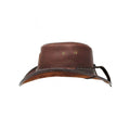 Side profile of brown genuine leather outback cowboy hat featuring ventilation eyelets and braided hatband.