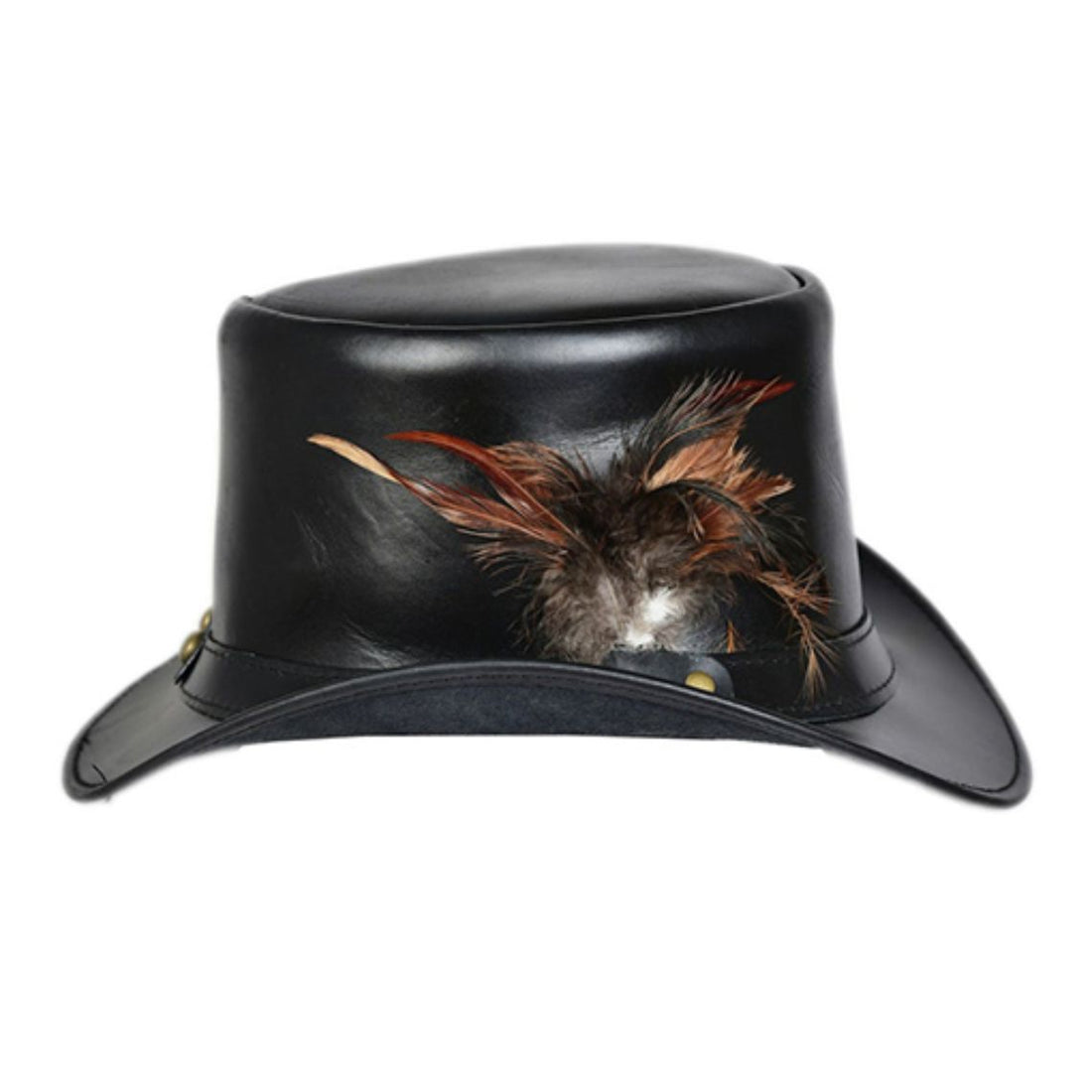 Side view of handcrafted black leather Victorian top hat with feather embellishment and leather hatband.