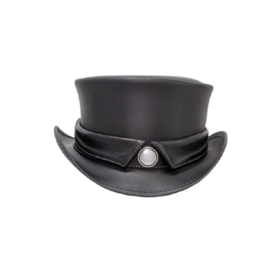 Front view of handcrafted black Victorian-style leather top hat featuring curved brim and decorative band detail.