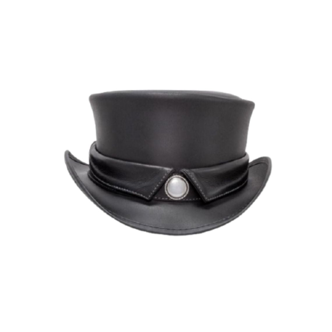 Front view of handcrafted black Victorian-style leather top hat featuring curved brim and decorative band detail.