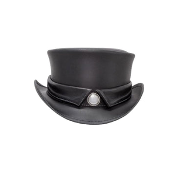 Front view of handcrafted black Victorian-style leather top hat featuring curved brim and decorative band detail.
