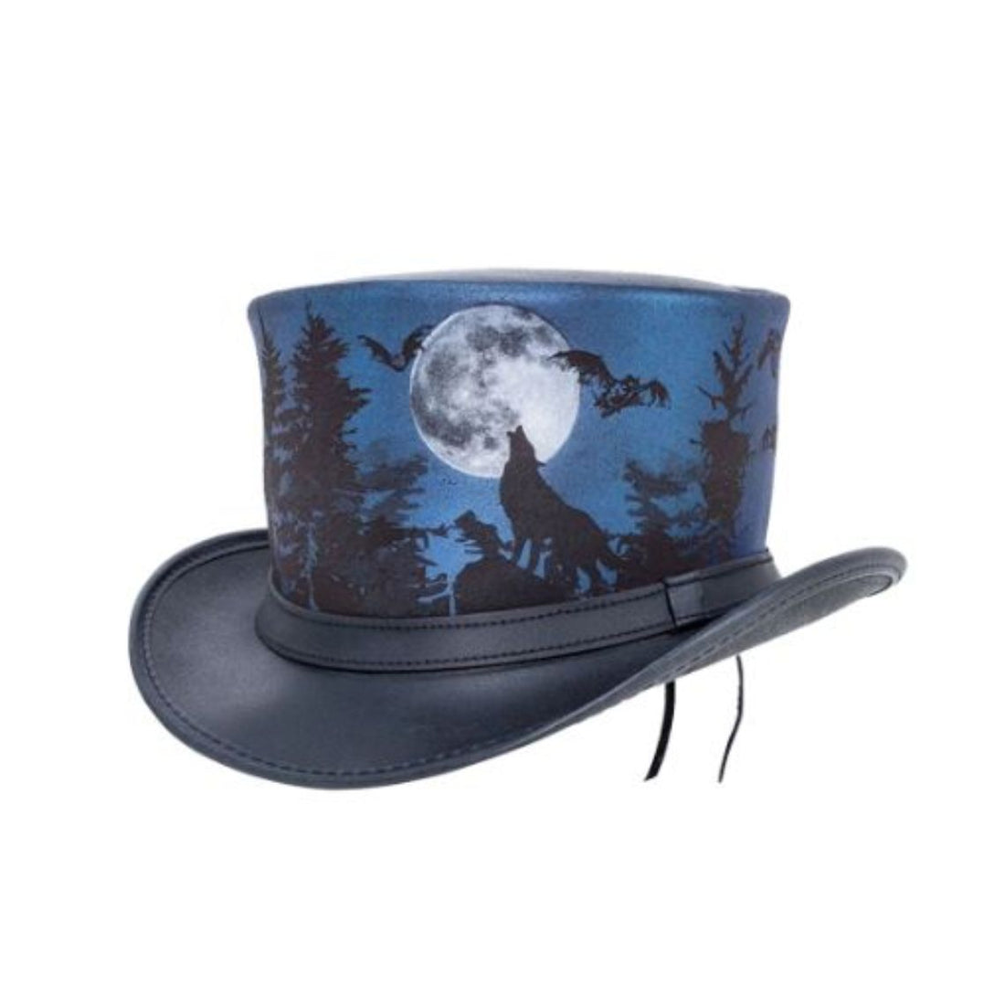 Front view of moonlit wolf gothic leather top hat featuring full moon, forest silhouette, and bat artwork.