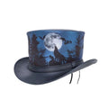 Angled view of blue and black leather fantasy top hat showcasing howling wolf and moonlit forest design.