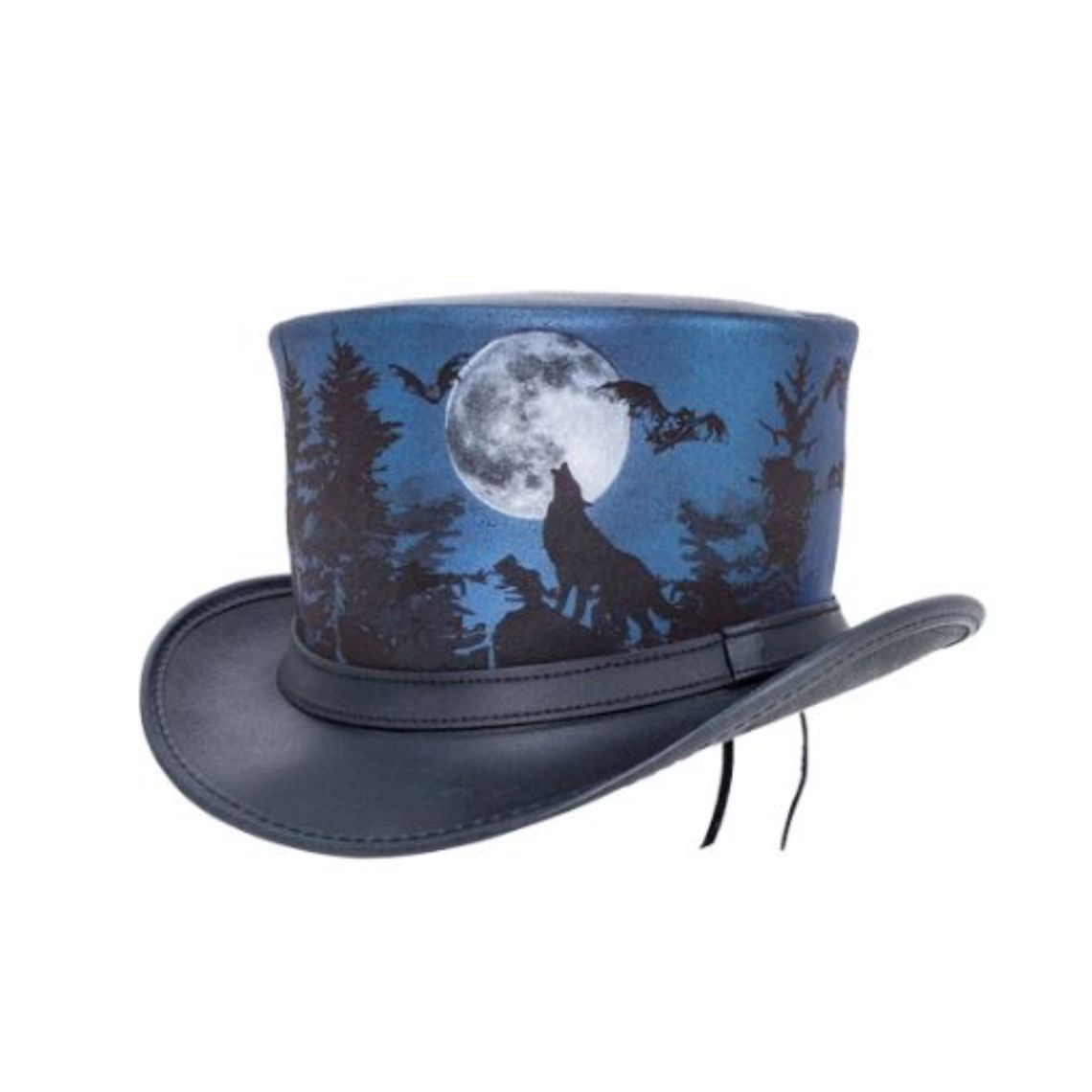 Angled view of blue and black leather fantasy top hat showcasing howling wolf and moonlit forest design.