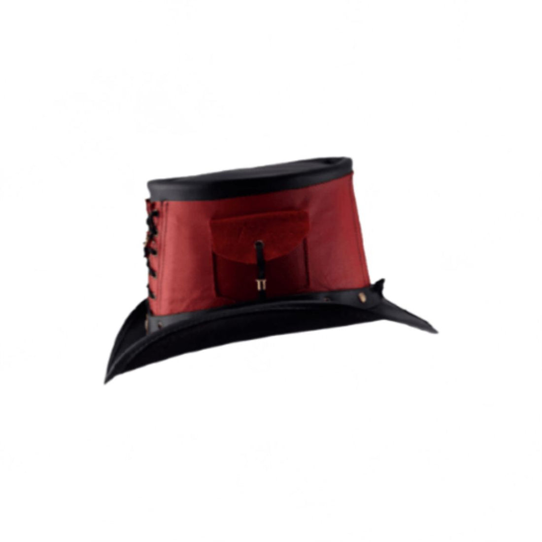 Front angled view of a red and black leather steampunk top hat with lace-up detailing and side utility pocket.