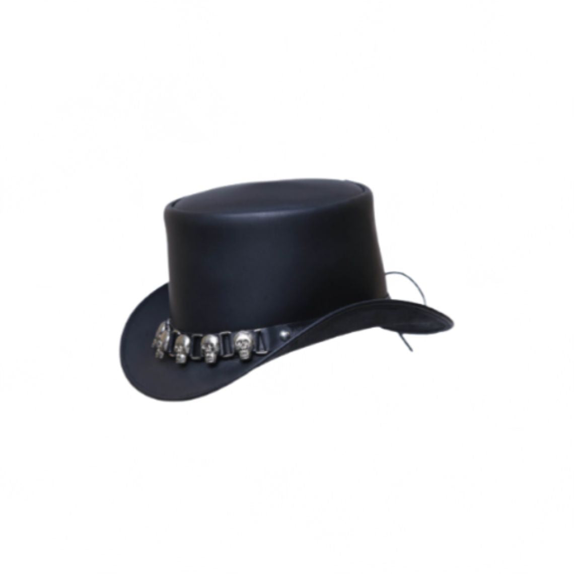 Side angle view of black leather gothic top hat with skull accents and classic Victorian-inspired silhouette.