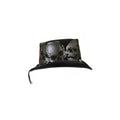 Side view of a handcrafted black leather gothic top hat featuring wraparound skull artwork.