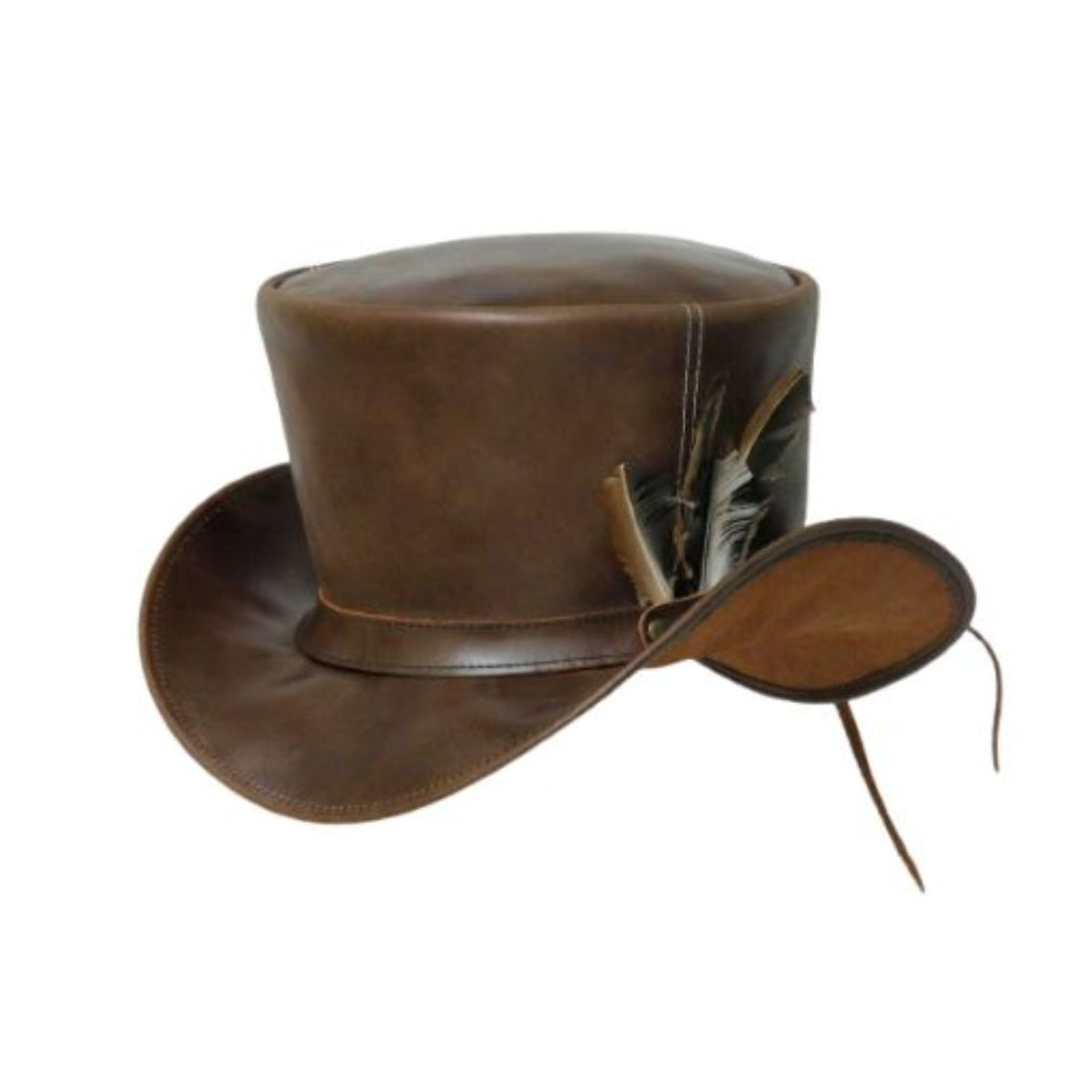 Front view of mens brown leather steampunk top hat with tall crown, curved brim, and feather accent.