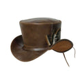 Angled side view of handcrafted brown leather Victorian steampunk top hat featuring decorative feather detailing.