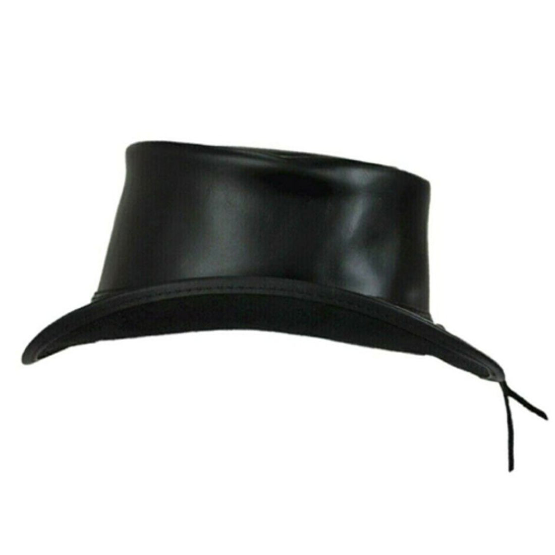 Front view of classic black leather steampunk top hat with matching leather hatband and curved brim.