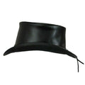Side profile of handcrafted black leather Victorian-style top hat showcasing smooth leather finish and elegant silhouette.