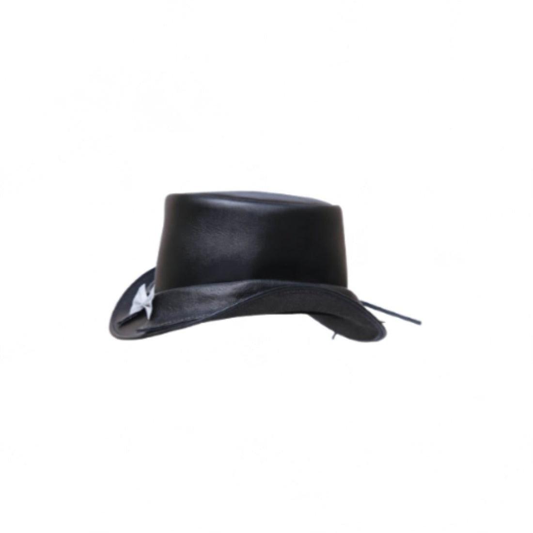 Front view of mens black leather steampunk top hat with tall crown, curved brim, and white bow accent.