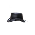Side view of handcrafted black leather Victorian steampunk top hat featuring elegant white bow detailing.