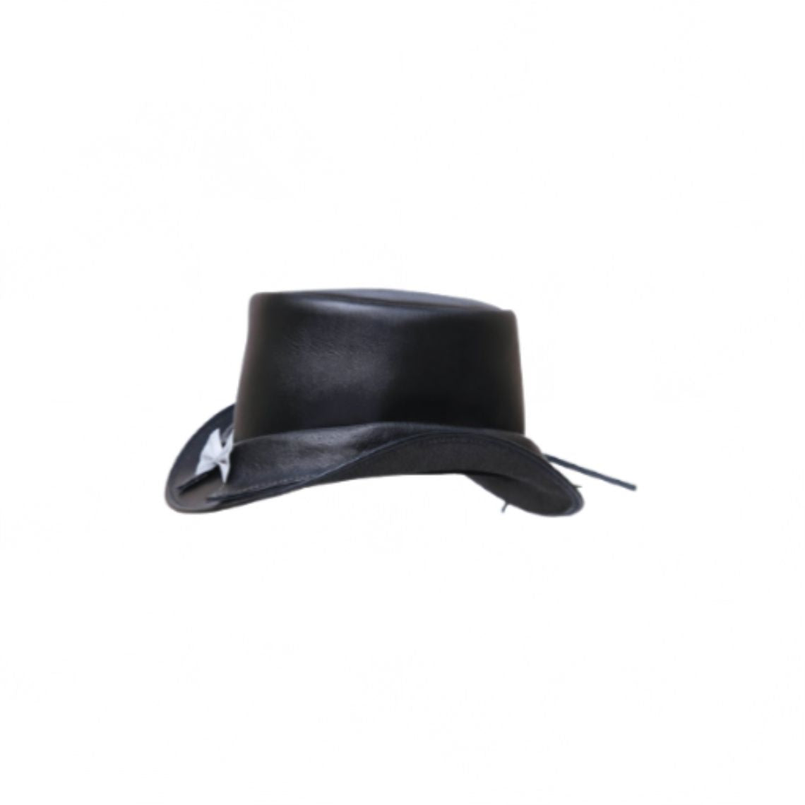 Side view of handcrafted black leather Victorian steampunk top hat featuring elegant white bow detailing.