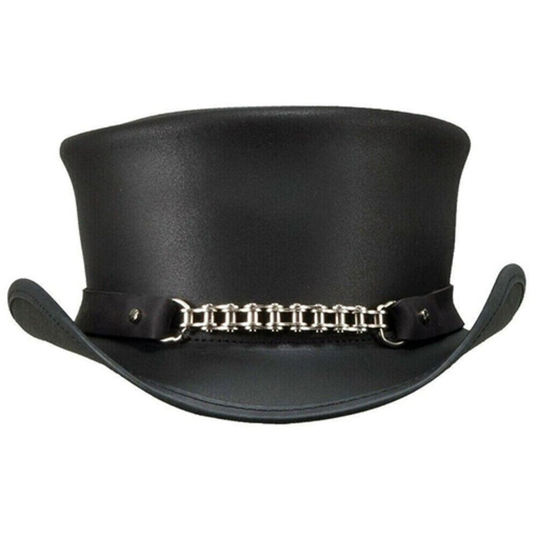 Front view of handcrafted black Victorian-style leather top hat with silver chain accent and structured crown.