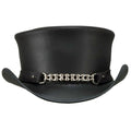Front view of handcrafted black Victorian-style leather top hat with silver chain accent and structured crown.
