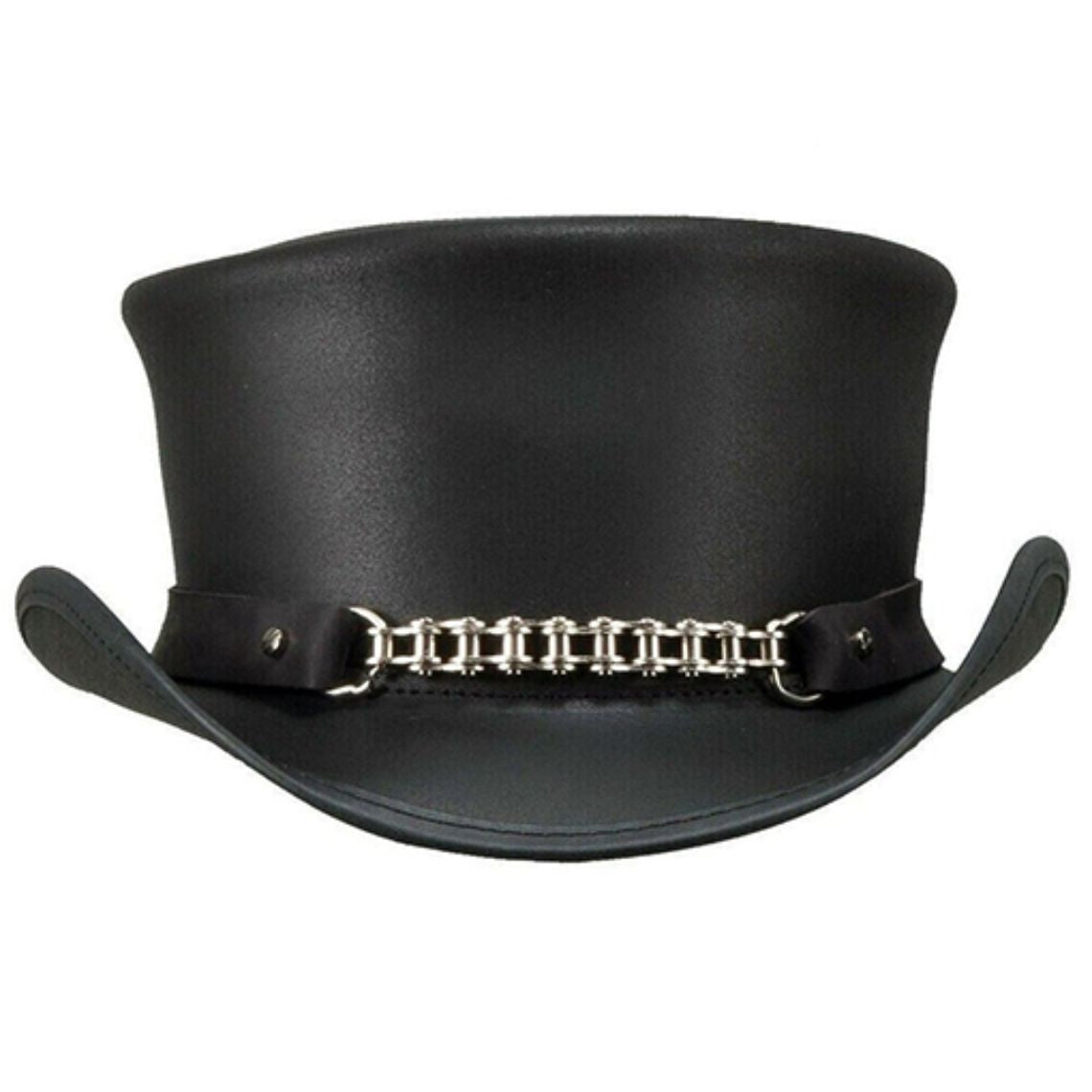 Front view of handcrafted black Victorian-style leather top hat with silver chain accent and structured crown.
