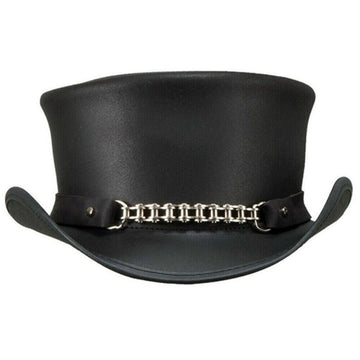 Front view of handcrafted black Victorian-style leather top hat with silver chain accent and structured crown.
