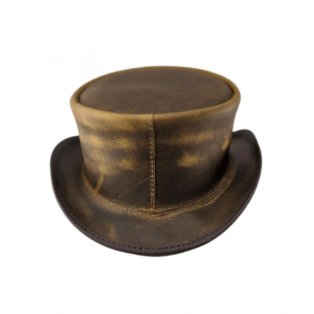 Front view of distressed brown leather steampunk top hat with antique vintage finish and curved brim.