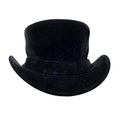 Front view of handcrafted black leather western top hat featuring a tall crown and classic curved brim.
