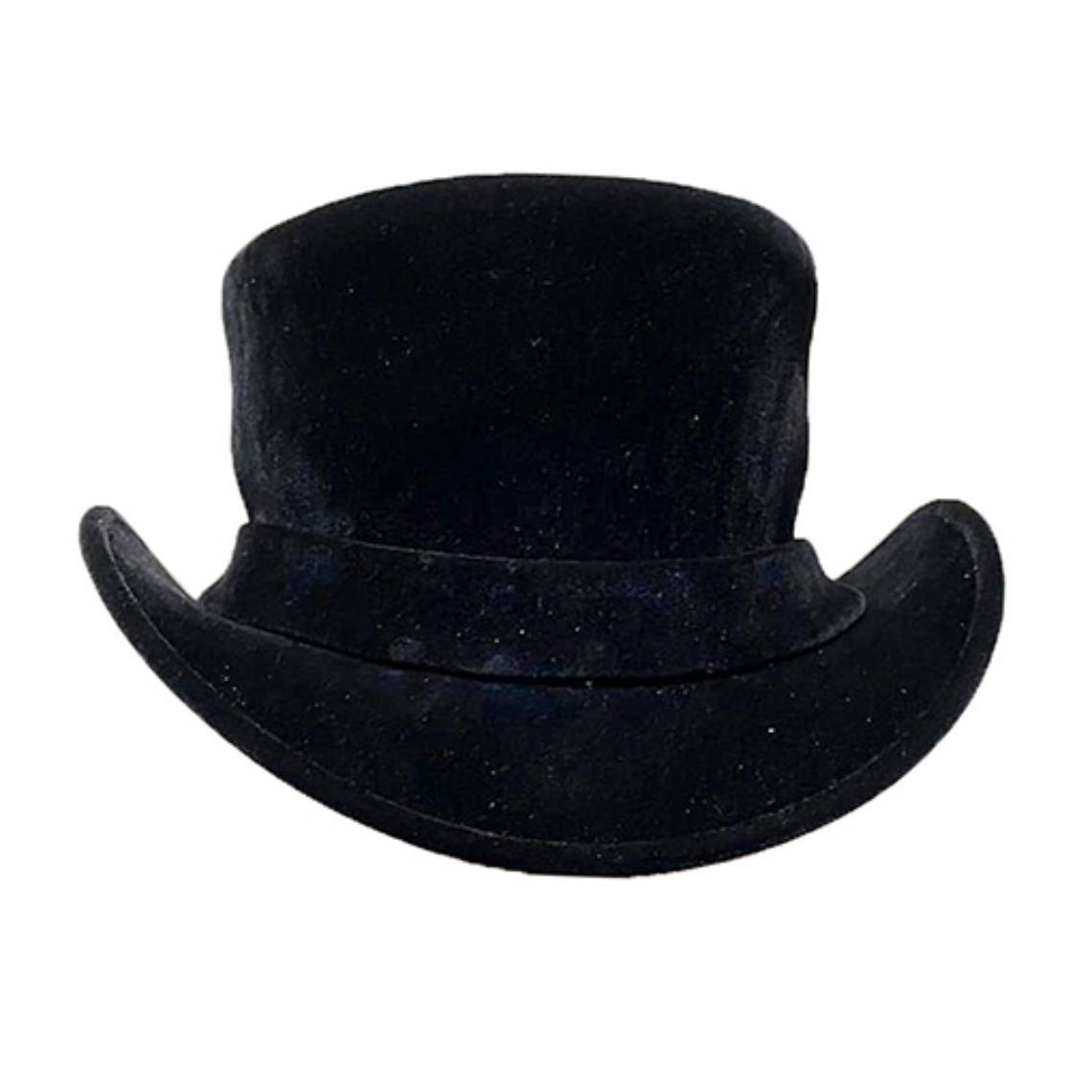 Front view of handcrafted black leather western top hat featuring a tall crown and classic curved brim.