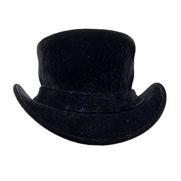 Front view of handcrafted black leather western top hat featuring a tall crown and classic curved brim.