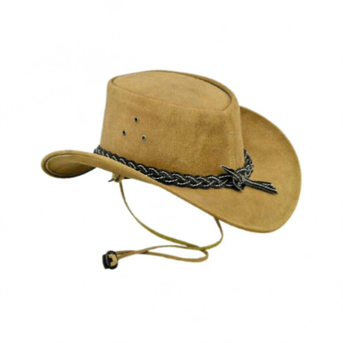 Front view of mens tan suede leather outback cowboy hat with braided leather hatband and adjustable chin strap.