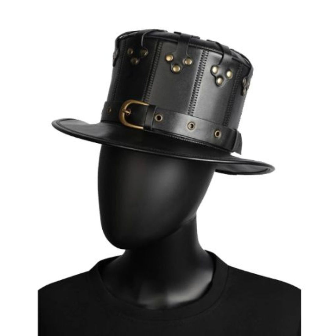 Front view of black leather steampunk top hat featuring decorative rivets and adjustable buckle band.