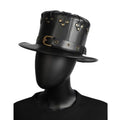 Side angle view of handcrafted black leather Victorian steampunk top hat with brass-tone rivets and wide brim.