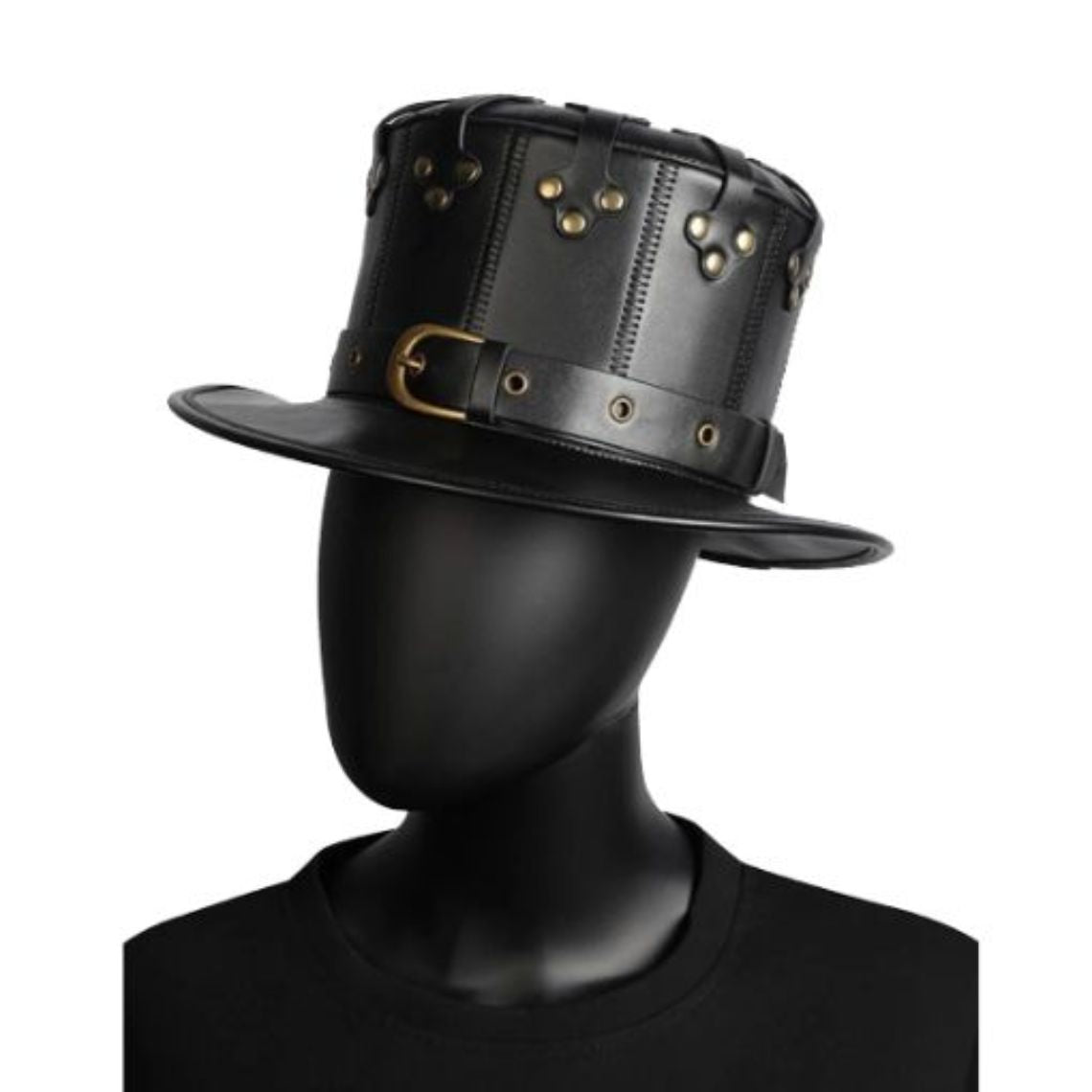 Side angle view of handcrafted black leather Victorian steampunk top hat with brass-tone rivets and wide brim.