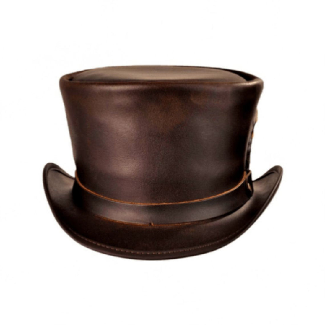 Front view of brown leather steampunk top hat showcasing classic Victorian-inspired crown and curved brim.
