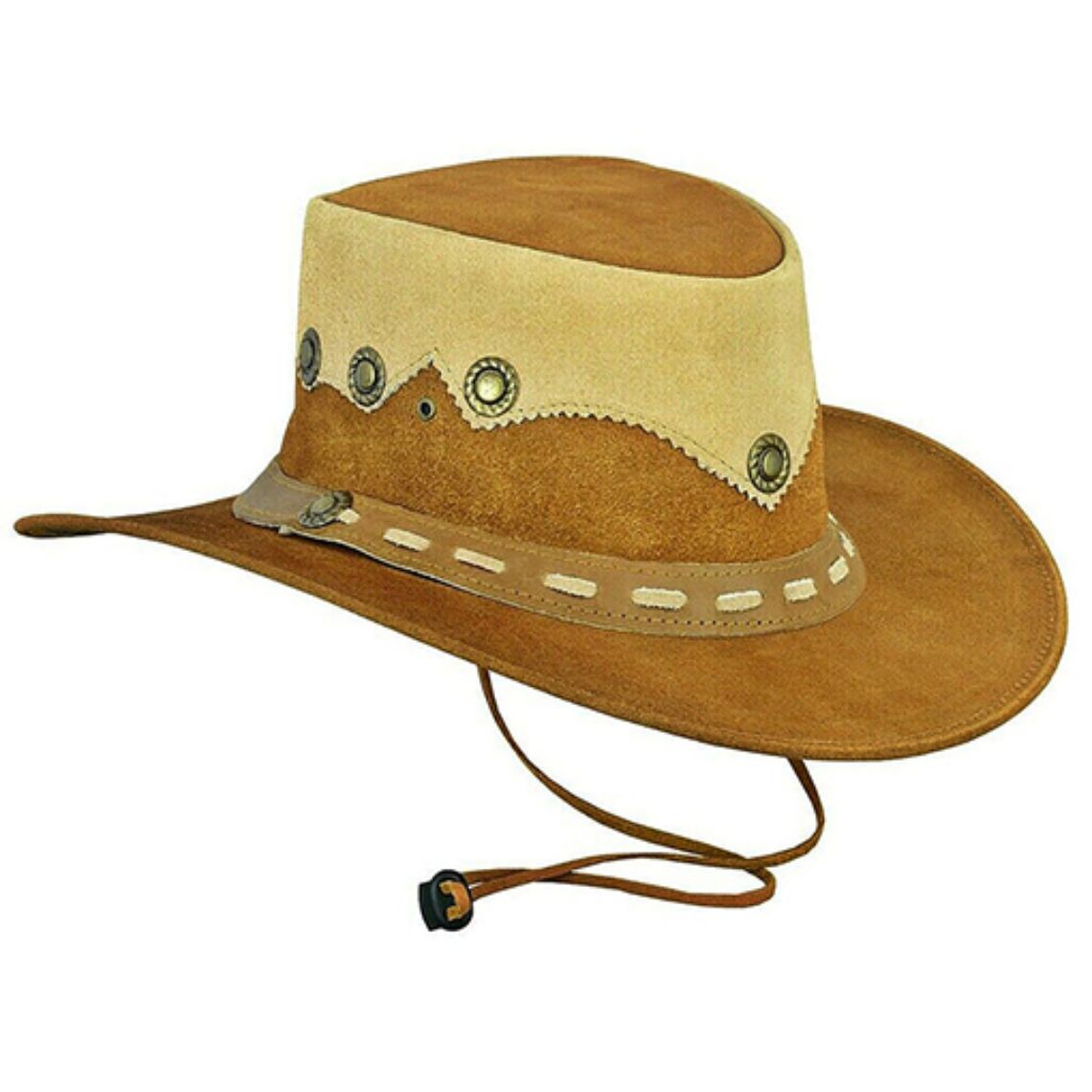 Genuine Leather Outback Cowboy Hat Side Angle Featuring Decorative Concho Hatband and Chin Cord