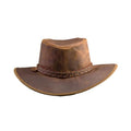 Rear view of rugged brown leather cowboy hat featuring a handcrafted braided hatband and vintage finish.