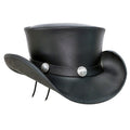 Angled side view of handcrafted black leather cowboy top hat featuring decorative silver conchos.