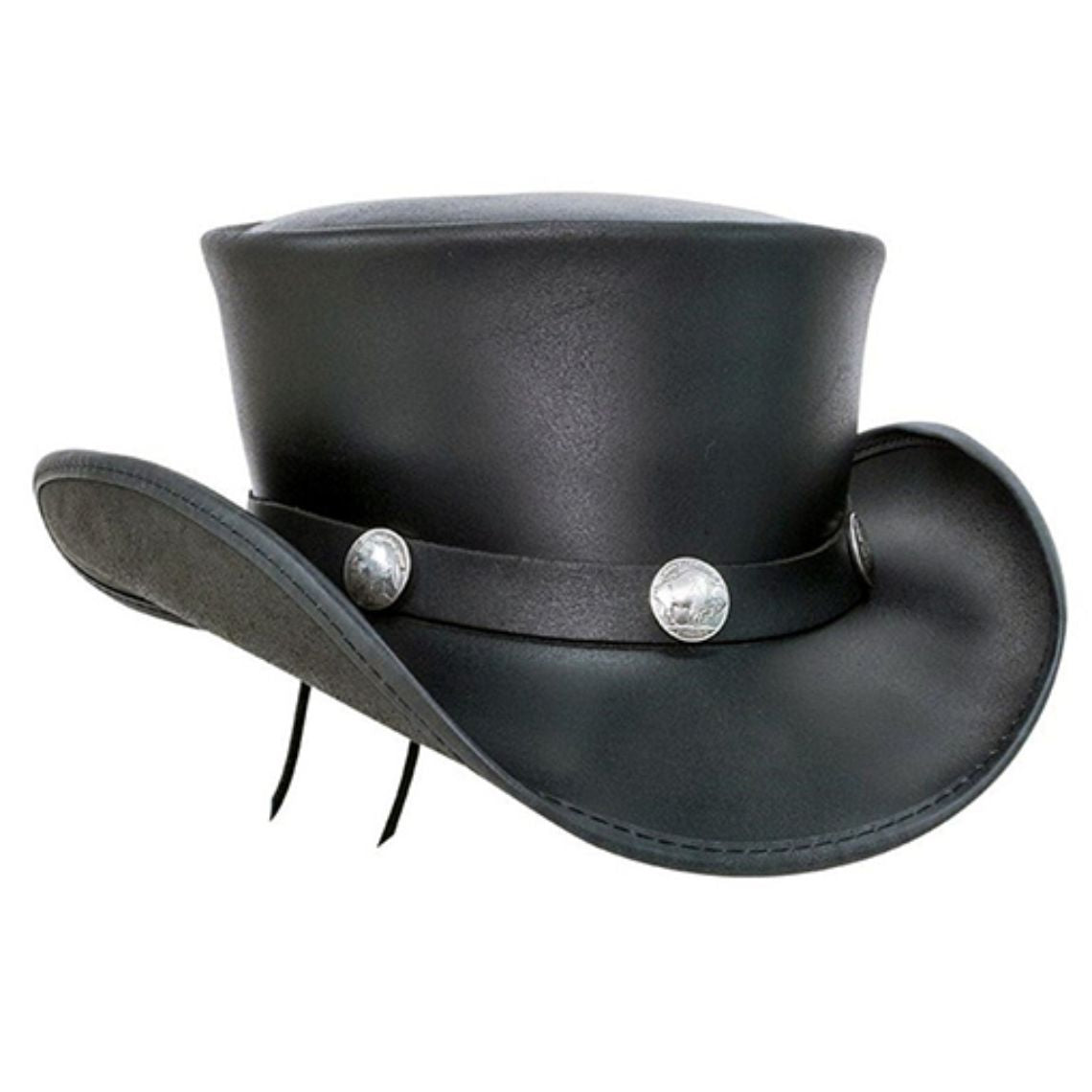 Angled side view of handcrafted black leather cowboy top hat featuring decorative silver conchos.