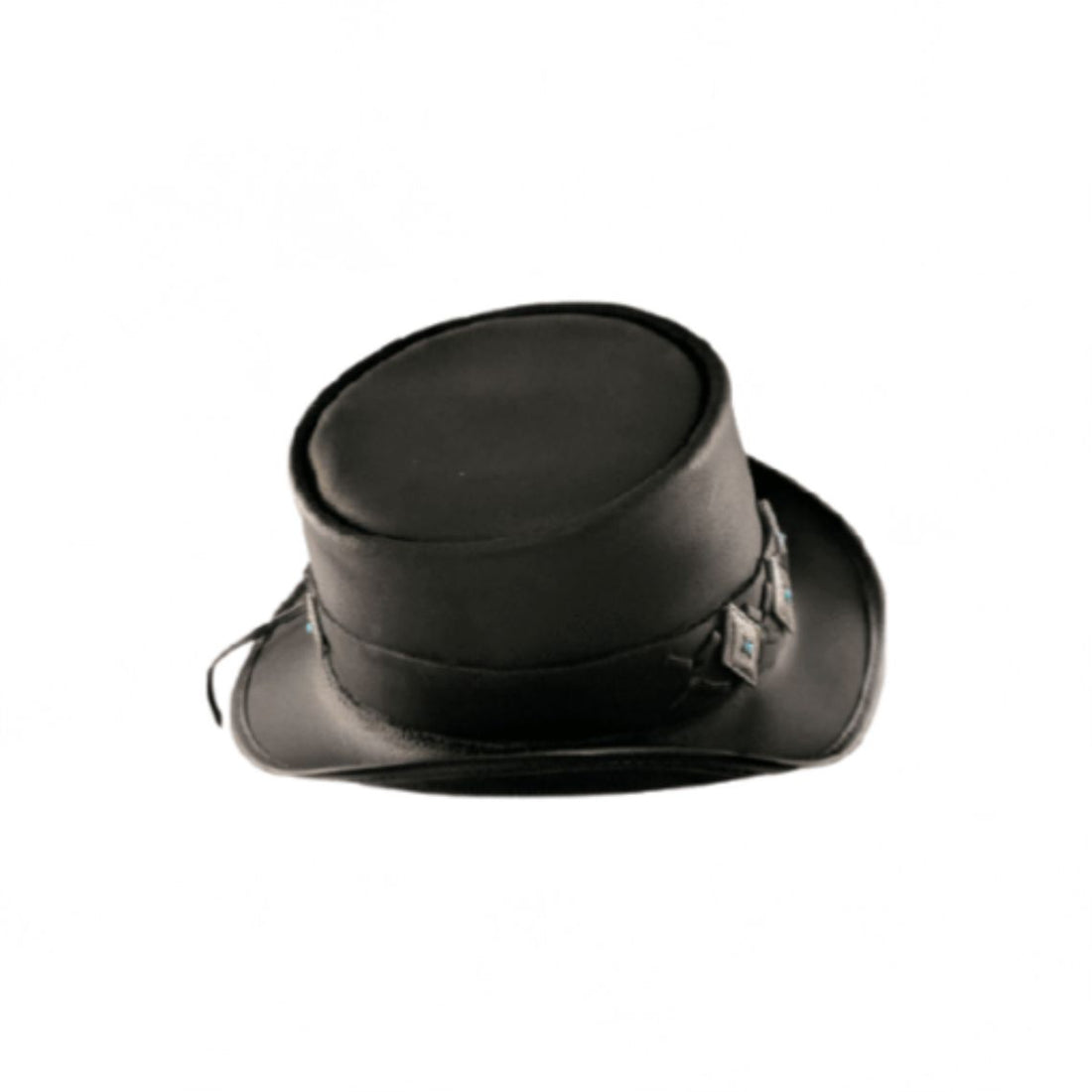 Front view of a black leather steampunk top hat with turquoise diamond concho hatband.