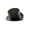 Angled side view of a handcrafted black leather top hat featuring decorative turquoise-accented conchos.