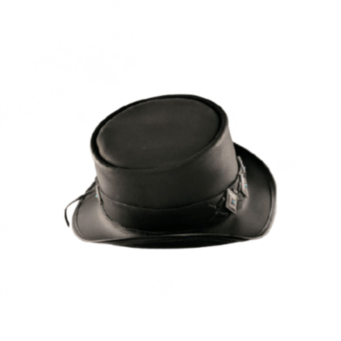 Angled side view of a handcrafted black leather top hat featuring decorative turquoise-accented conchos.