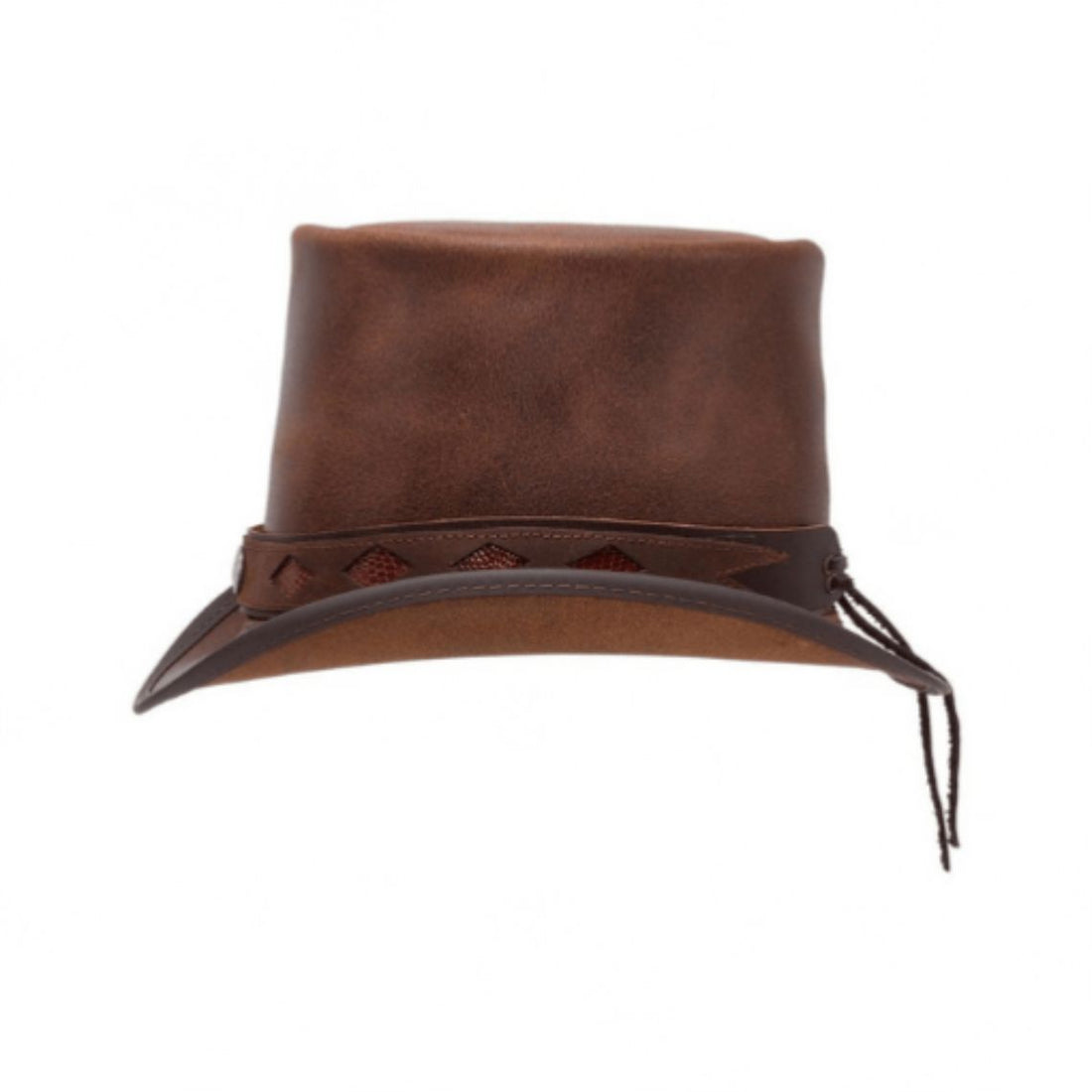 Front view of vintage brown leather top hat with decorative perforated hatband and metal concho accent.