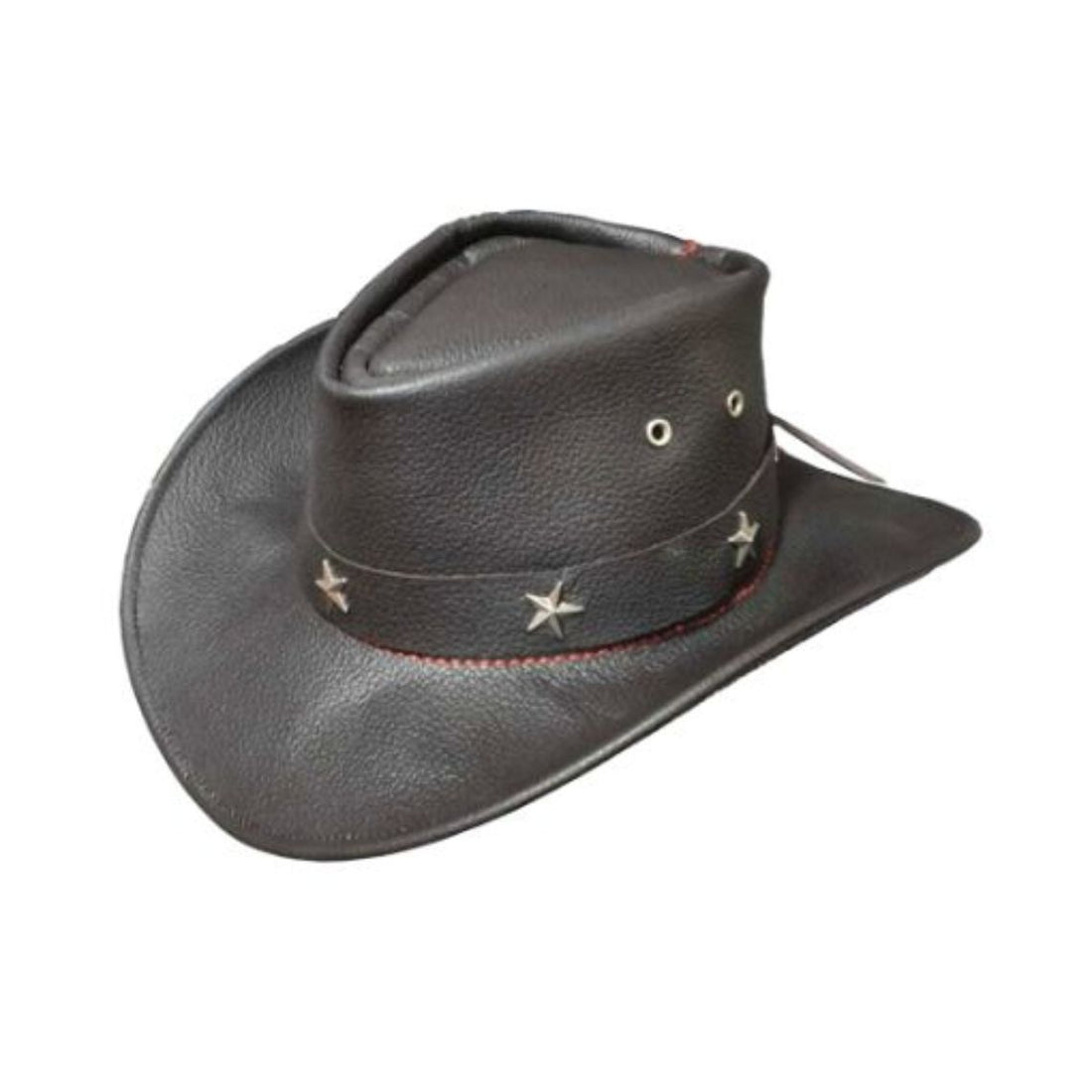 Front view of mens black leather cowboy hat with silver star studded hatband and curved brim.