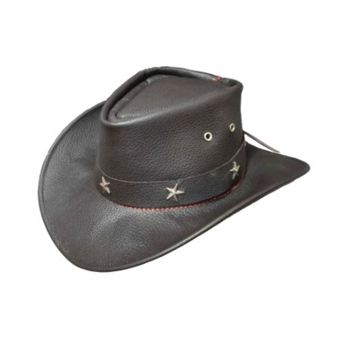 Angled side view of black genuine leather western cowboy hat featuring silver star accents and ventilation eyelets.