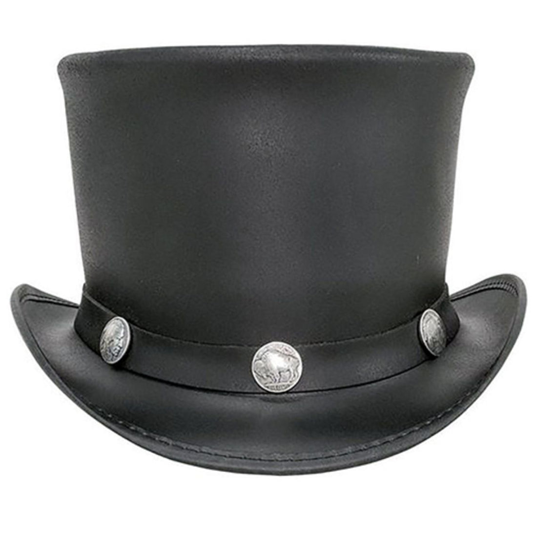 Front view of handcrafted black leather cowboy top hat featuring silver concho accents and tall structured crown.