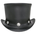 Front view of handcrafted black leather cowboy top hat featuring silver concho accents and tall structured crown.
