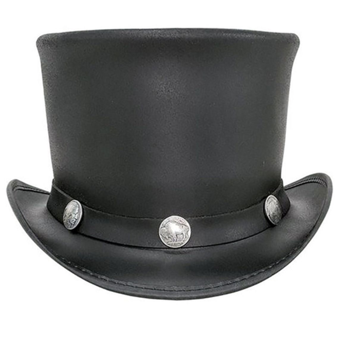 Front view of handcrafted black leather cowboy top hat featuring silver concho accents and tall structured crown.