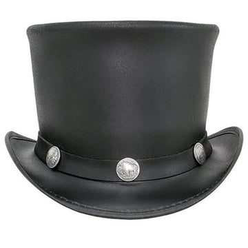 Front view of handcrafted black leather cowboy top hat featuring silver concho accents and tall structured crown.