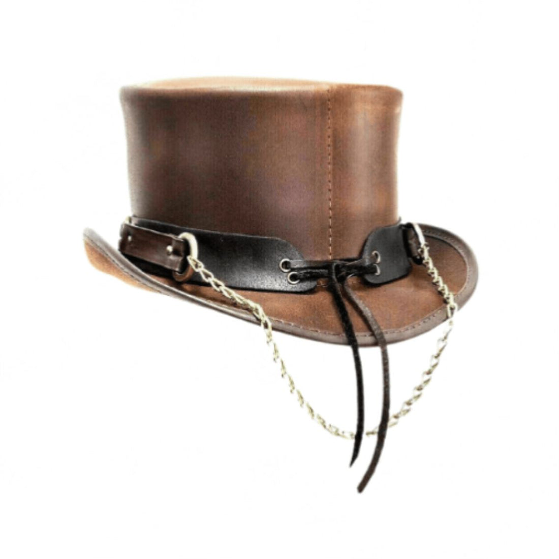 Front view of brown leather steampunk top hat with decorative chain and ring hatband.