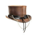 Side view of distressed brown leather steampunk top hat featuring hanging chain accents and leather band.